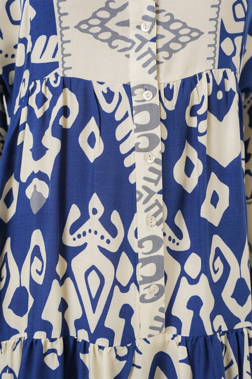 Merterium 2423 Otantik Desenli Tesettür Elbise - İndigo 1