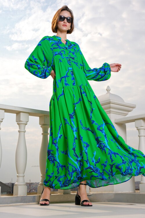 Merterium 2423 Otantik Desenli Tesettür Elbise - Koyu Yeşil