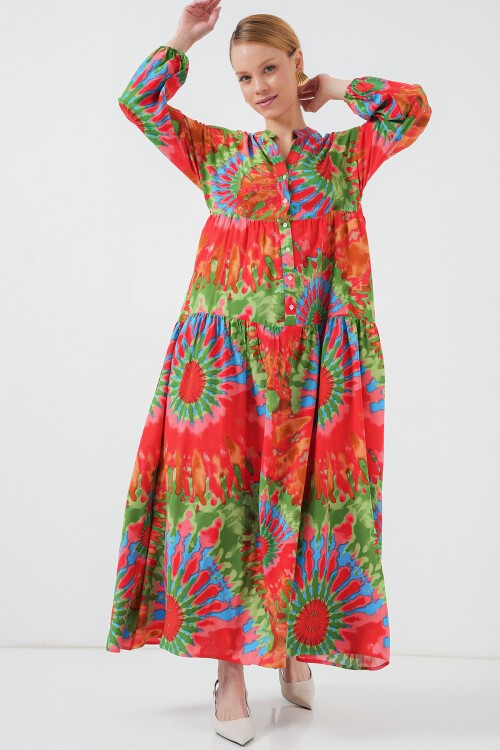 Merterium 2423 Otantik Desenli Tesettür Elbise - L. Kırmızı