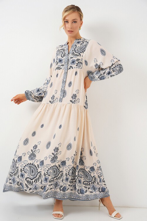 Merterium 2423 Otantik Desenli Tesettür Elbise - Lacivert 12