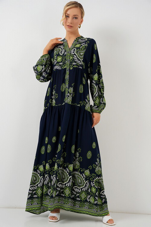 Merterium 2423 Otantik Desenli Tesettür Elbise - Lacivert 13