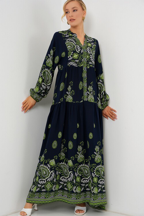Merterium 2423 Otantik Desenli Tesettür Elbise - Lacivert 13