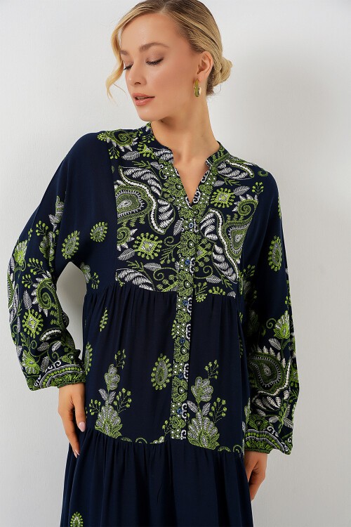 Merterium 2423 Otantik Desenli Tesettür Elbise - Lacivert 13