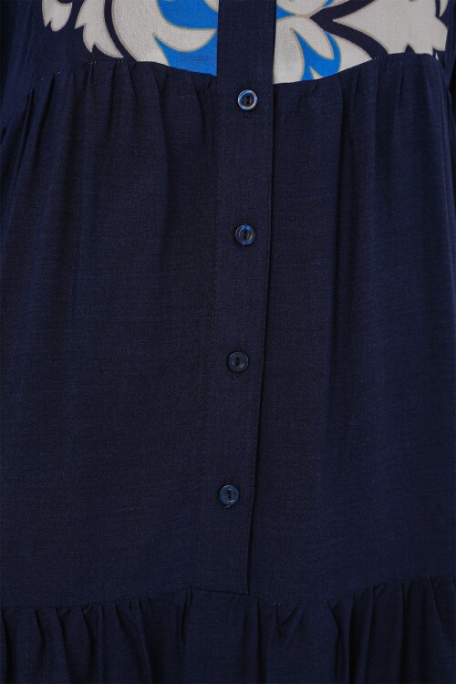 Merterium 2423 Otantik Desenli Tesettür Elbise - Lacivert 4