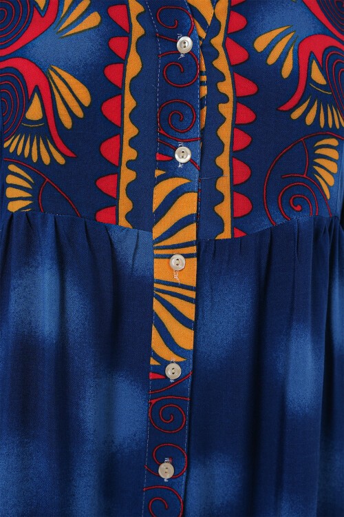 Merterium 2423 Otantik Desenli Tesettür Elbise - Lacivert 5