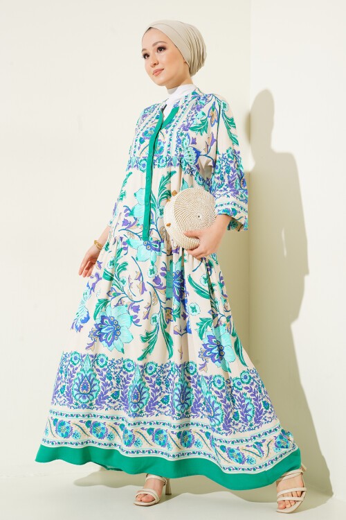 Merterium 2423 Otantik Desenli Tesettür Elbise - M. Yeşil