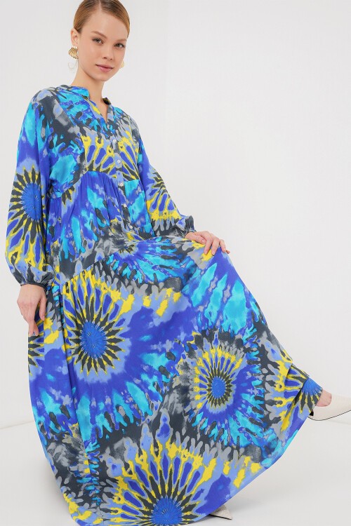 Merterium 2423 Otantik Desenli Tesettür Elbise - N. Saks