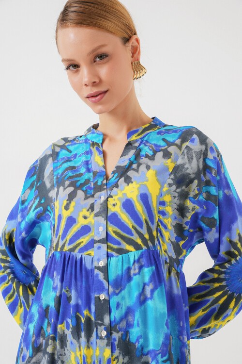 Merterium 2423 Otantik Desenli Tesettür Elbise - N. Saks