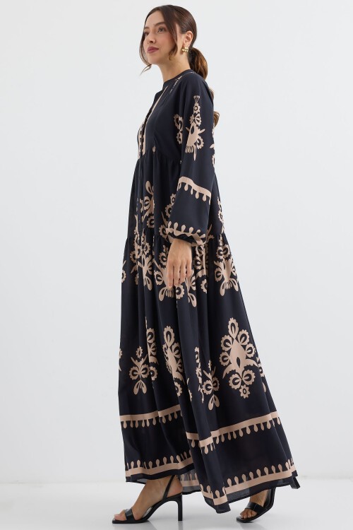 Merterium 2423 Otantik Desenli Tesettür Elbise - N. Siyah