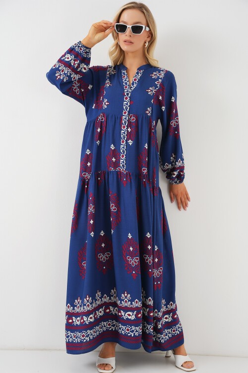 Merterium 2423 Otantik Desenli Tesettür Elbise - Petrol 1