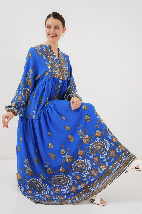 Merterium 2423 Otantik Desenli Tesettür Elbise - Saks 1