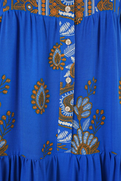 Merterium 2423 Otantik Desenli Tesettür Elbise - Saks 1