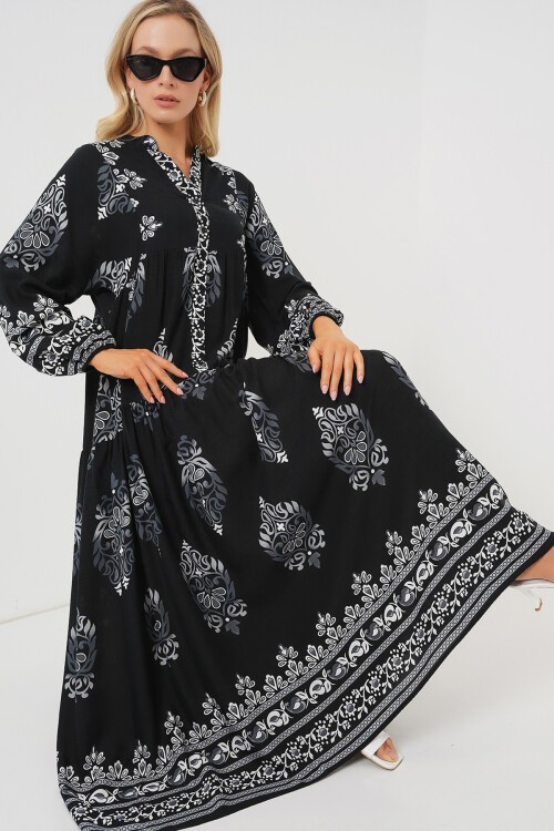 Merterium 2423 Otantik Desenli Tesettür Elbise - Siyah 11