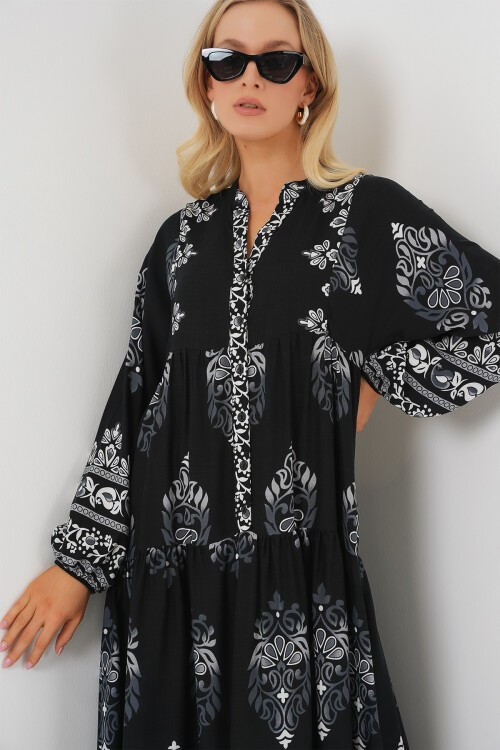 Merterium 2423 Otantik Desenli Tesettür Elbise - Siyah 11