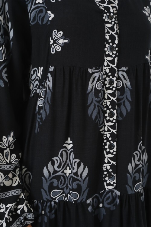 Merterium 2423 Otantik Desenli Tesettür Elbise - Siyah 11