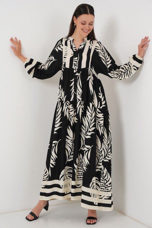 Merterium 2423 Otantik Desenli Tesettür Elbise - Siyah 12