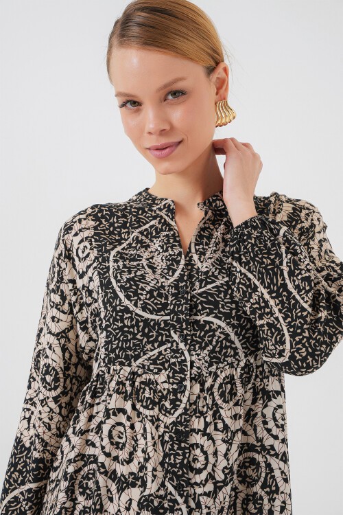 Merterium 2423 Otantik Desenli Tesettür Elbise - Siyah 9