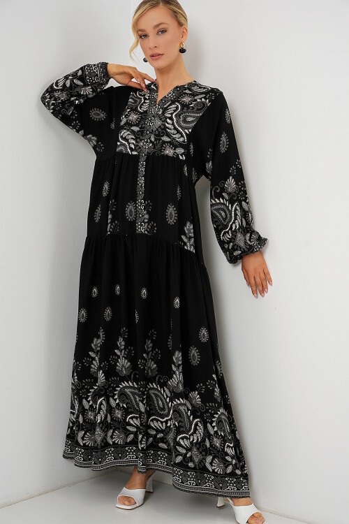 Merterium 2423 Otantik Desenli Tesettür Elbise - Siyah - Beyaz 1