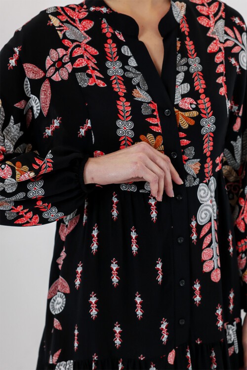 Merterium 2423 Otantik Desenli Tesettür Elbise - Siyah - Kiremit