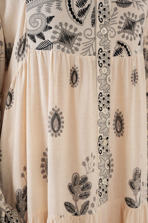 Merterium 2423 Otantik Desenli Tesettür Elbise - Siyah - Krem