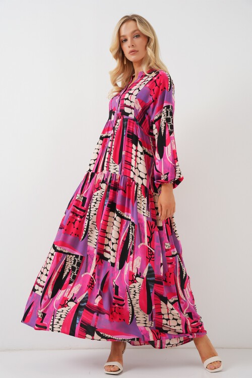 Merterium 2423 Otantik Desenli Tesettür Elbise - Siyah - Mor