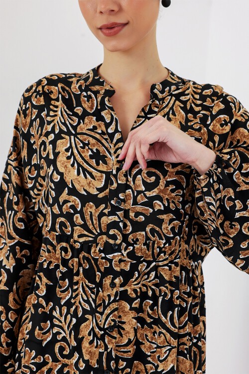 Merterium 2423 Otantik Desenli Tesettür Elbise - Siyah10