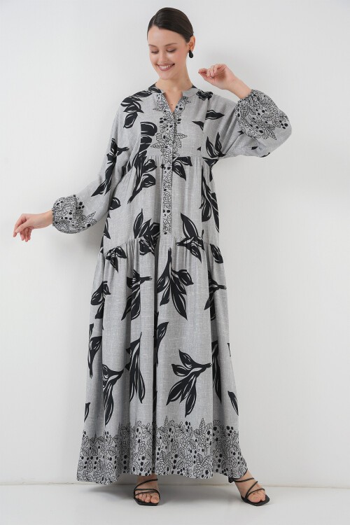 Merterium 2423 Otantik Desenli Tesettür Elbise - Taş