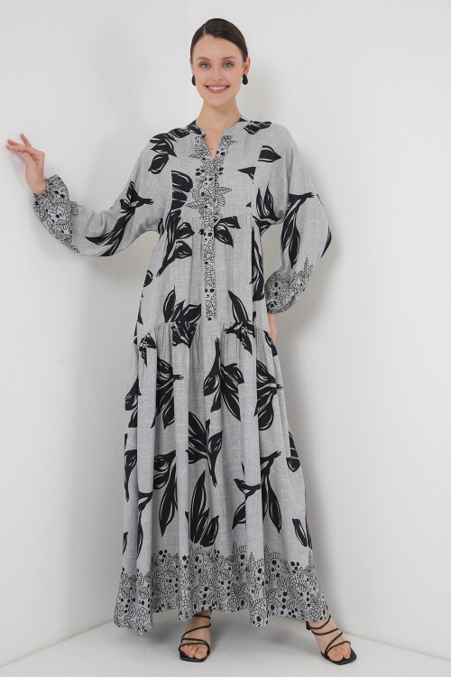 Merterium 2423 Otantik Desenli Tesettür Elbise - Taş