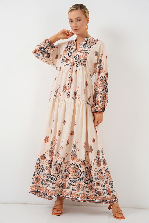 Merterium 2423 Otantik Desenli Tesettür Elbise - TURUNCU 1
