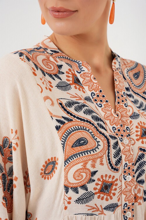 Merterium 2423 Otantik Desenli Tesettür Elbise - TURUNCU 1