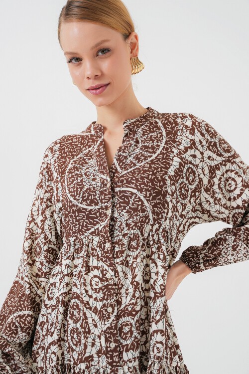 Merterium 2423 Otantik Desenli Tesettür Elbise - Y.Kahve