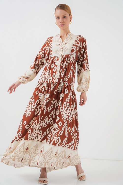 Merterium 2423 Otantik Desenli Tesettür Elbise - Y.Kiremit