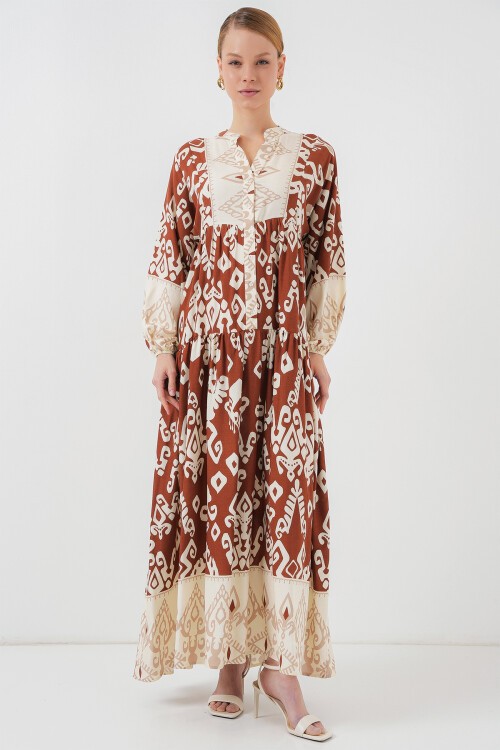 Merterium 2423 Otantik Desenli Tesettür Elbise - Y.Kiremit