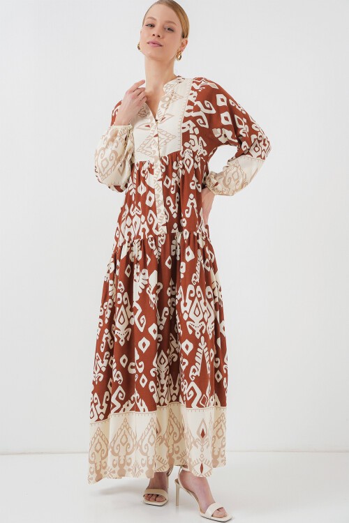 Merterium 2423 Otantik Desenli Tesettür Elbise - Y.Kiremit