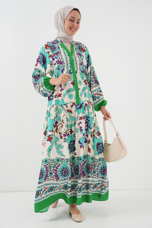 Merterium 2423 Otantik Desenli Tesettür Elbise - Yeşil 1