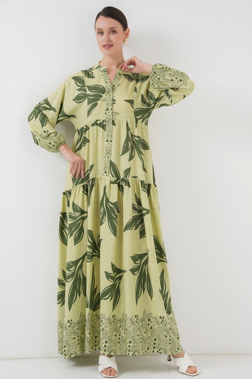 Merterium 2423 Otantik Desenli Tesettür Elbise - Yeşil 4