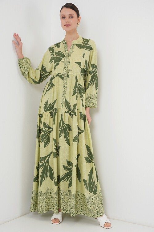 Merterium 2423 Otantik Desenli Tesettür Elbise - Yeşil 4