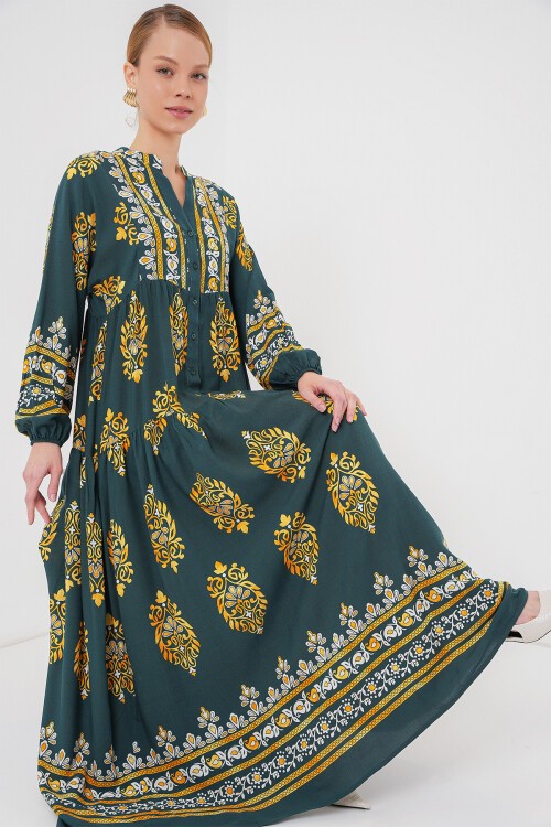 Merterium 2423 Otantik Desenli Tesettür Elbise - Yeşil 7
