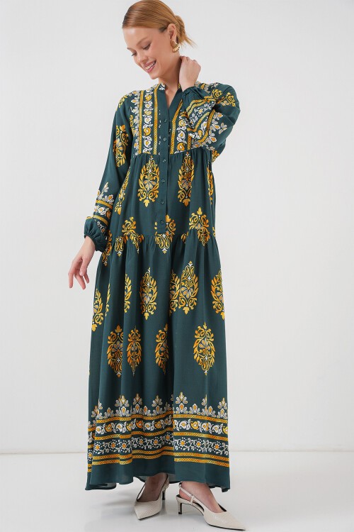 Merterium 2423 Otantik Desenli Tesettür Elbise - Yeşil 7