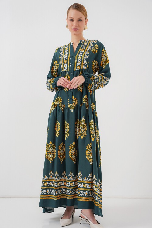 Merterium 2423 Otantik Desenli Tesettür Elbise - Yeşil 7