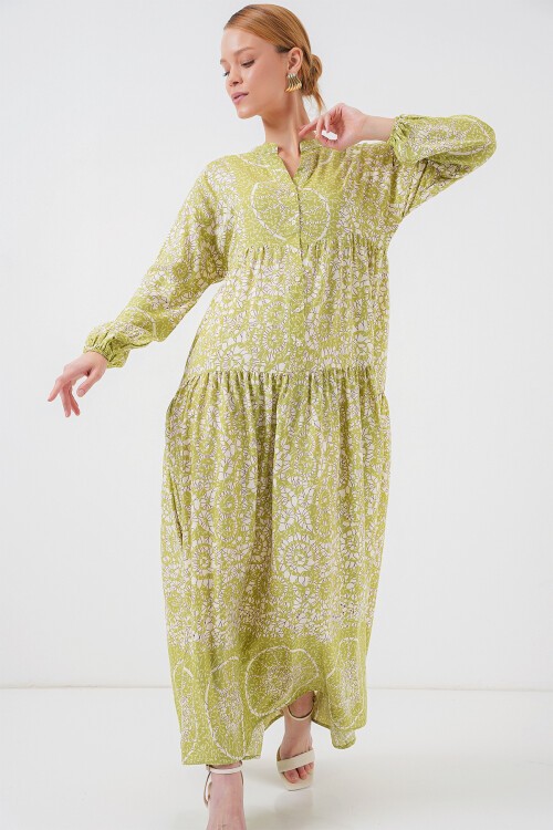 Merterium 2423 Otantik Desenli Tesettür Elbise - Yeşil 8