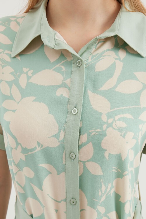 Merterium 2455 Desenli Gömlek Elbise - Çağla