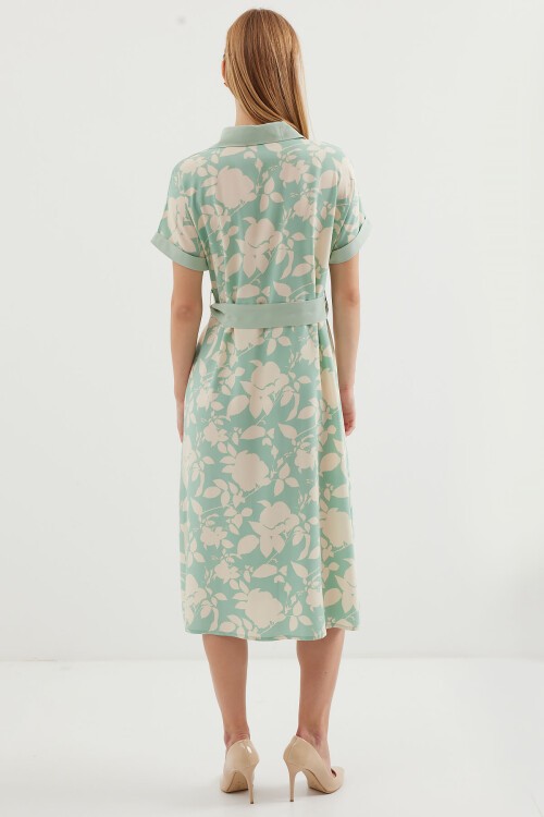 Merterium 2455 Desenli Gömlek Elbise - Çağla