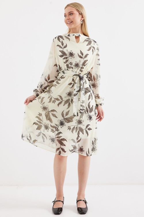 Merterium 2459 Astarlı Desenli Tül Elbise - Ekru