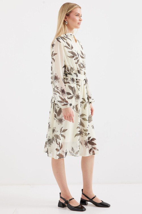 Merterium 2459 Astarlı Desenli Tül Elbise - Ekru