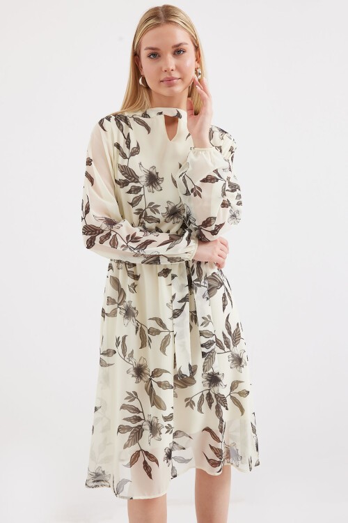 Merterium 2459 Astarlı Desenli Tül Elbise - Ekru