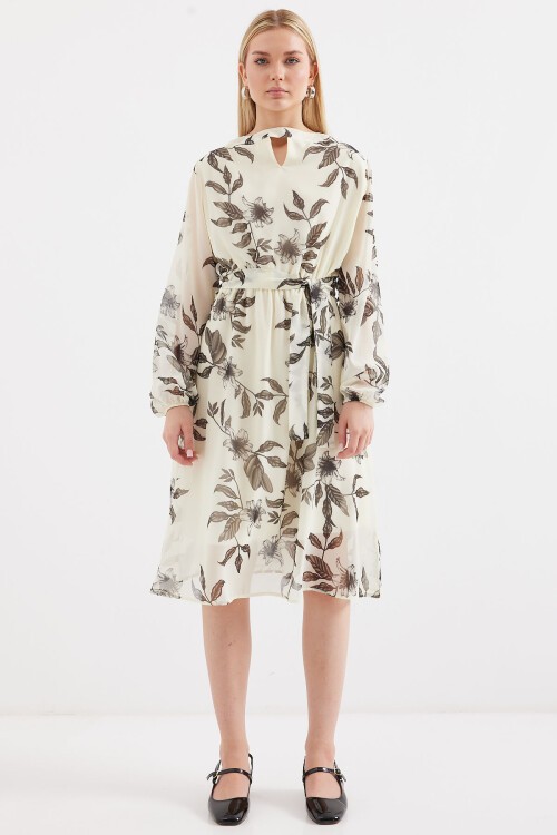 Merterium 2459 Astarlı Desenli Tül Elbise - Ekru