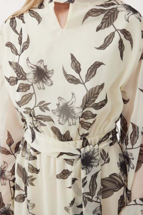 Merterium 2459 Astarlı Desenli Tül Elbise - Ekru