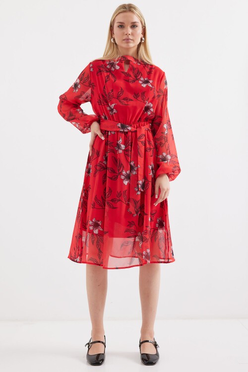 Merterium 2459 Astarlı Desenli Tül Elbise - Kırmızı