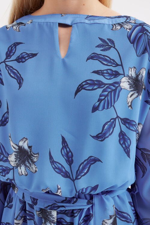 Merterium 2459 Astarlı Desenli Tül Elbise - Mavi